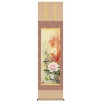 緒方葉水　開運掛軸（尺五）　「四季花吉祥競艶図」 桐箱入り　D5-022