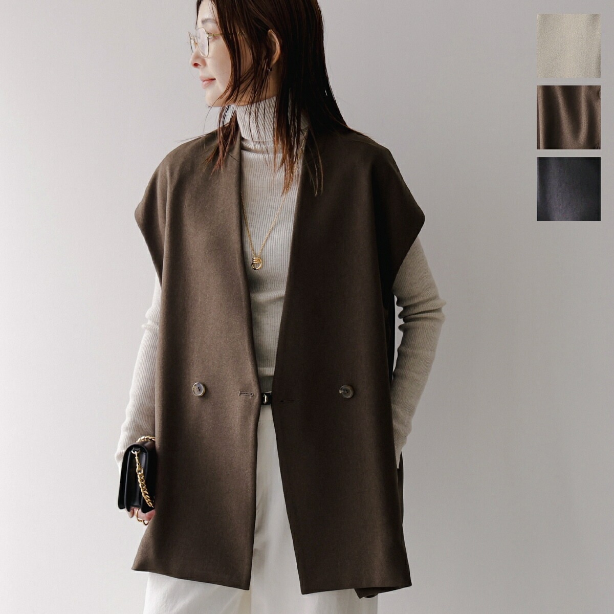 CLOCHE クロシェ ベスト 85623 レディース ジレ ダブル ノーカラー Vネック ノースリーブ カラー3色