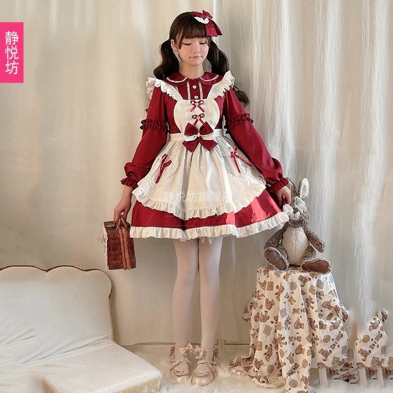 レッドメイド服長袖メイド服コスプレロリ女性日本製ソフトキュートガール