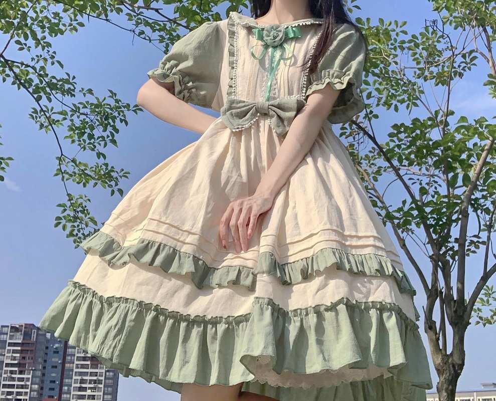 ロリータスカートデザイン感クリーム緑洋装田園鳳半袖opワンピース夏二次元の日常かわいい学生