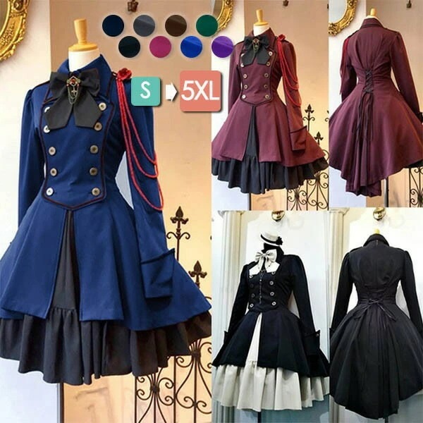 ロリータ ビッグカラー ワンピース単品 クラロリ ゴスロリ 長袖あり 袖付き Aライン Lolita リボン フリル裾 クリスマス レディース コスチューム 衣装 かわいい 仮装 パーティ お茶会 学