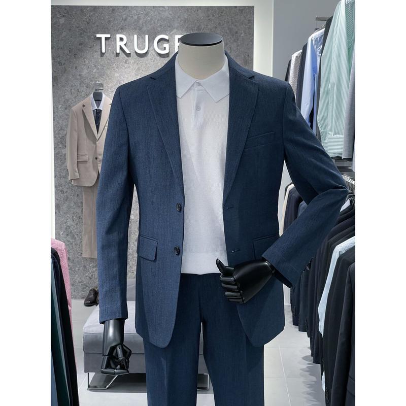 男性ネイビーリネン混紡カジュアルジャケット メンズビジネスカジュアルジャケット