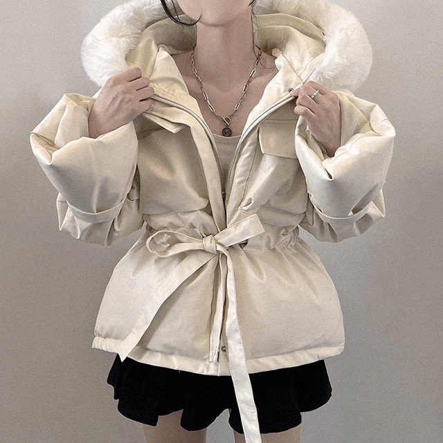 [高クオリティー/暖かい！] ベルテッド 豊かな フードファー レザー ダウン 7,190円