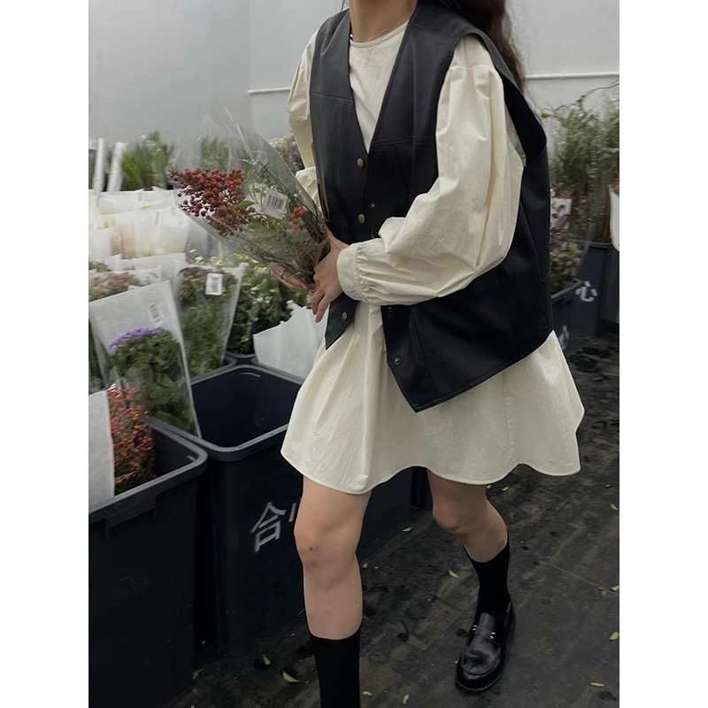 秋ミモレ丈ワンピース韓国風ゆったりラウンドネックプルオーバーシャツワンピース 4,978円