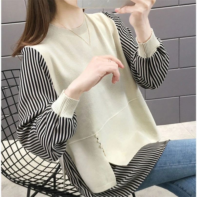 クーポン ストライプ柄 重ね風 セーター 秋ニート レディース 体型カバー トップス 大きいサイズ 長袖 ハイネック エレガント セーター 女性 プルオーバー ニット 立て襟 女性 秋冬 暖かい ファ