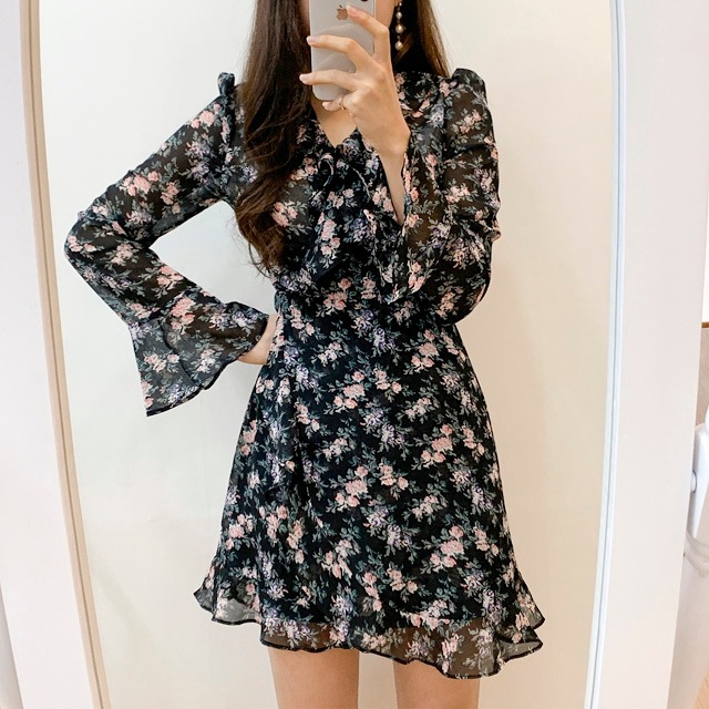 ゆらゆらした春の結婚式お呼ばれフラワーフリルシフォンワンピース4color