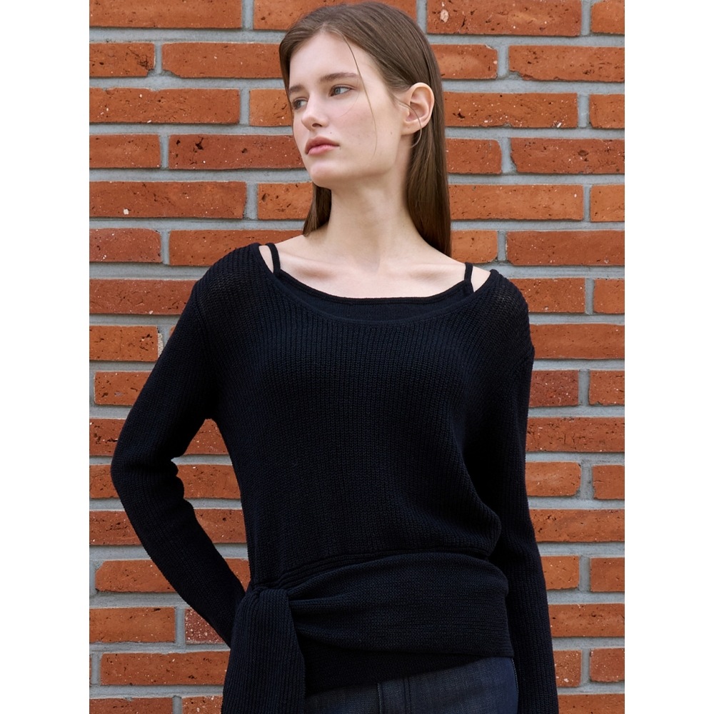 ouie ツーピースリネンレイヤードラップニットトップナチュラルブラック OU1376