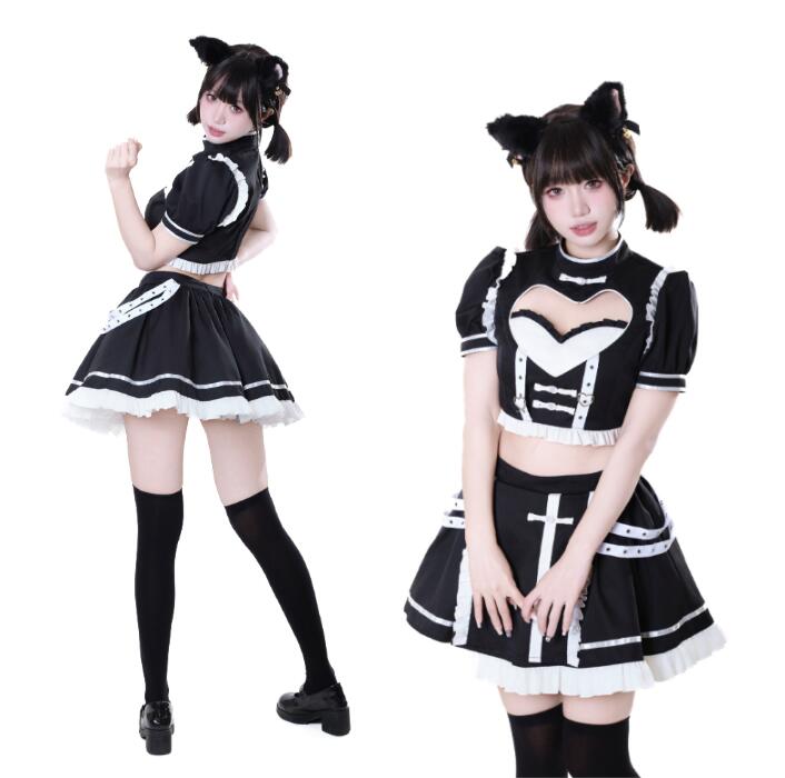 ハロウィン コスプレ 衣装 女性 大人 メイド服 十字架元素 チャイナボタン コスプレ衣装 スカートセット 半袖 ロリータ服 ハロウィン イベント コスチューム 変身仮装 撮影衣装