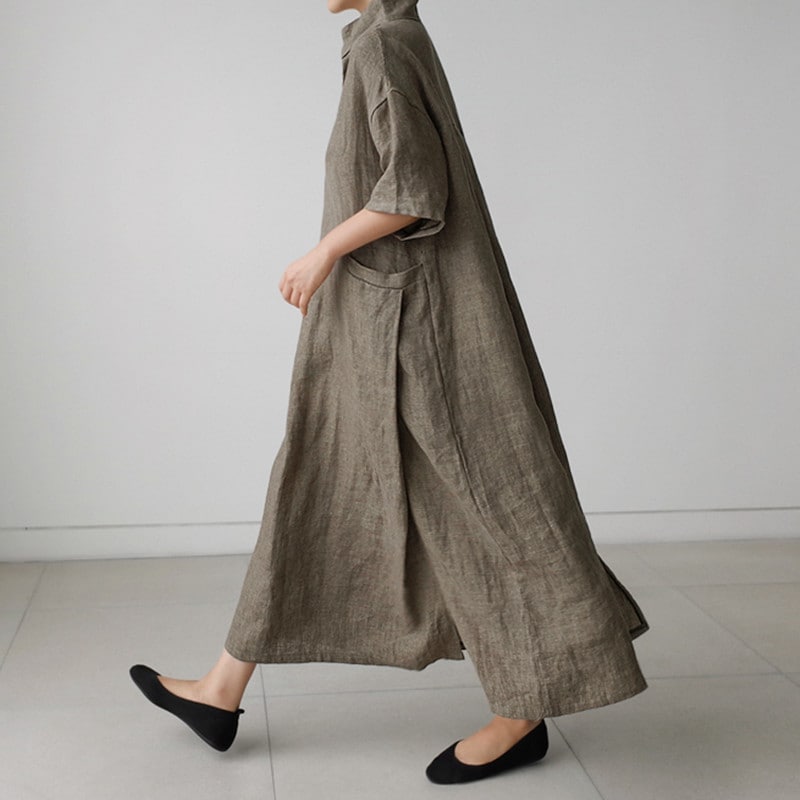 ロングシャツワンピース ワンピース シャツワンピース ロング ロング丈 袖あり 半袖 襟付き フレア Aライン 綿 麻 リネン レディース 大人上品 ４カラー a4636