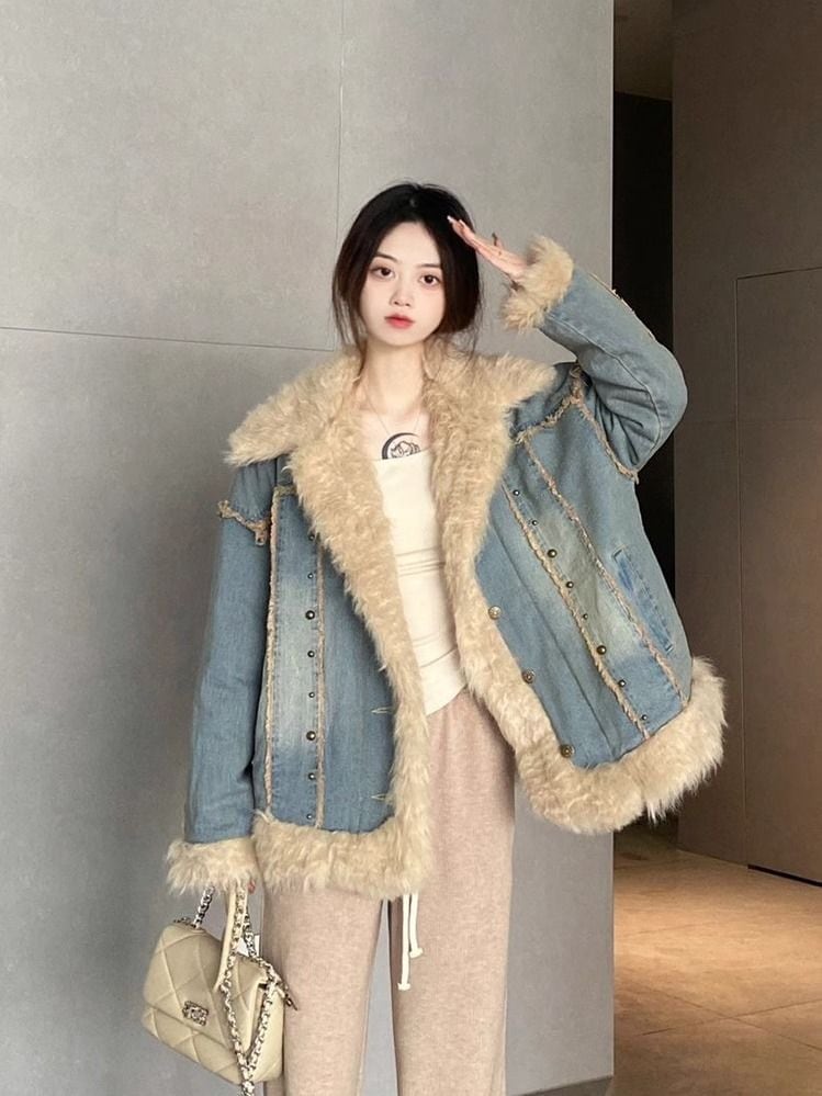 冬アウター デニムのコート レディー ウールの襟 冬 綿をはさむ あつさを増す 綿入れの服 あちこち ゆとりがある 学生 カーディガン 上着 韓国ファッション