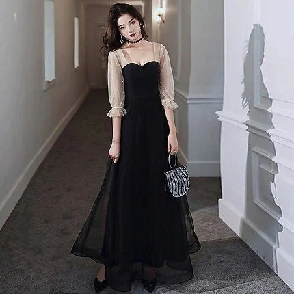 パーティードレス ロング ドレス 黒 袖あり バイカラー おしゃれ 大きいサイズ 演奏会 結婚式 ド