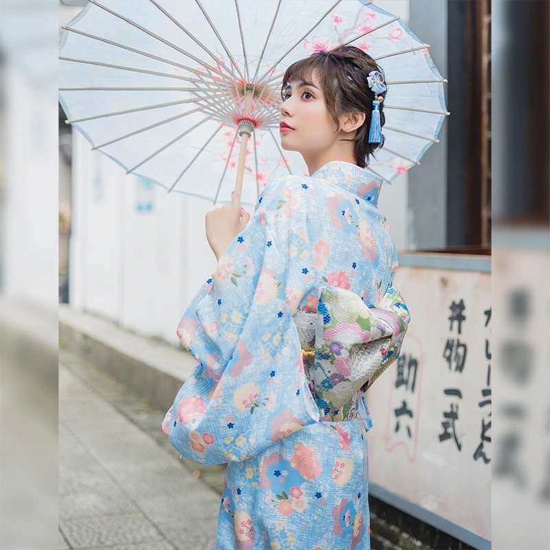 月光着物 水色 花 かわいい ガーリー風 着物 浴衣 優しい和柄改良女性着物ドレス