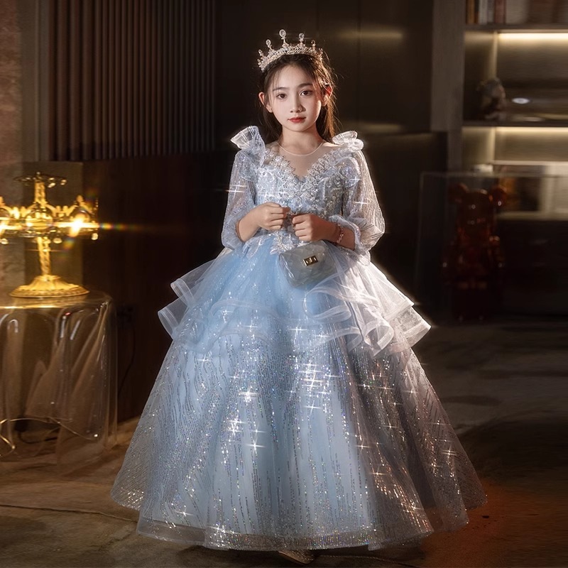 ブルーガールドレスプリンセススカートチルドレンの長袖ホストピアノパフォーマンススーツスプリング