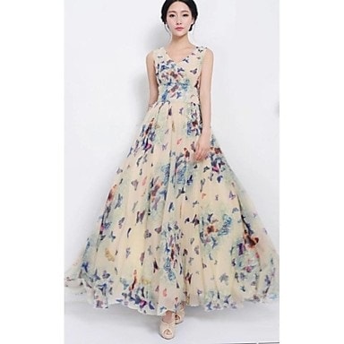 女性のVネックノースリーブシフォンマキシワンピース