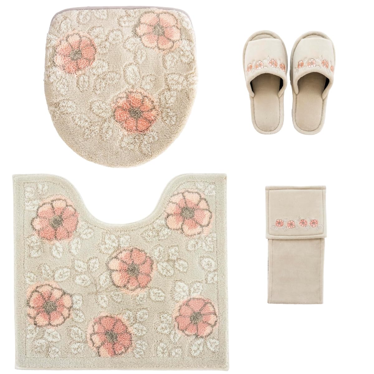 トイレマットセット フローリア 4点セット ベージュ 日本製 (トイレマット・フタカバー・ペーパーホルダーカバー・スリッパ) 抗菌防臭 洗える 北欧風 おしゃれ オカ フローリア