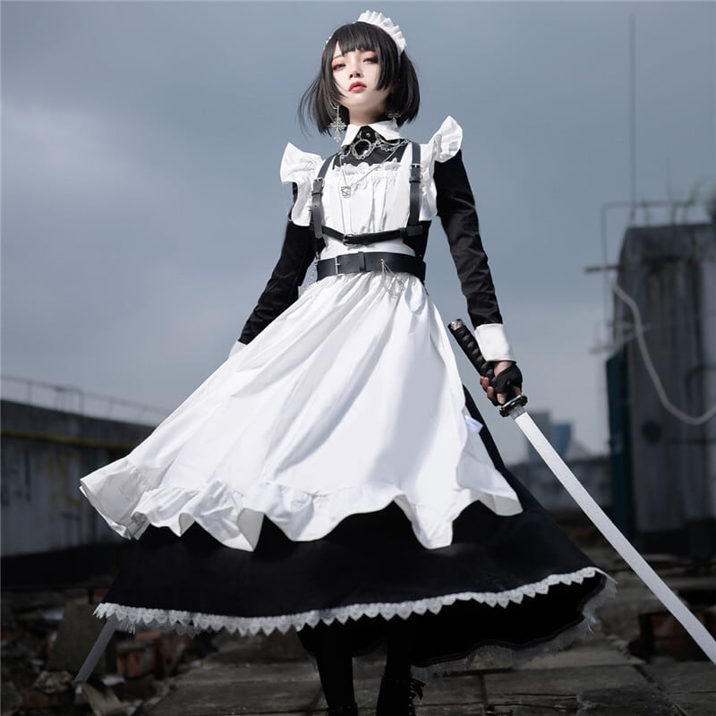 （2点）かっこいい メイド服 cosplay 大きいサイズ ブラック レース ワンピース
