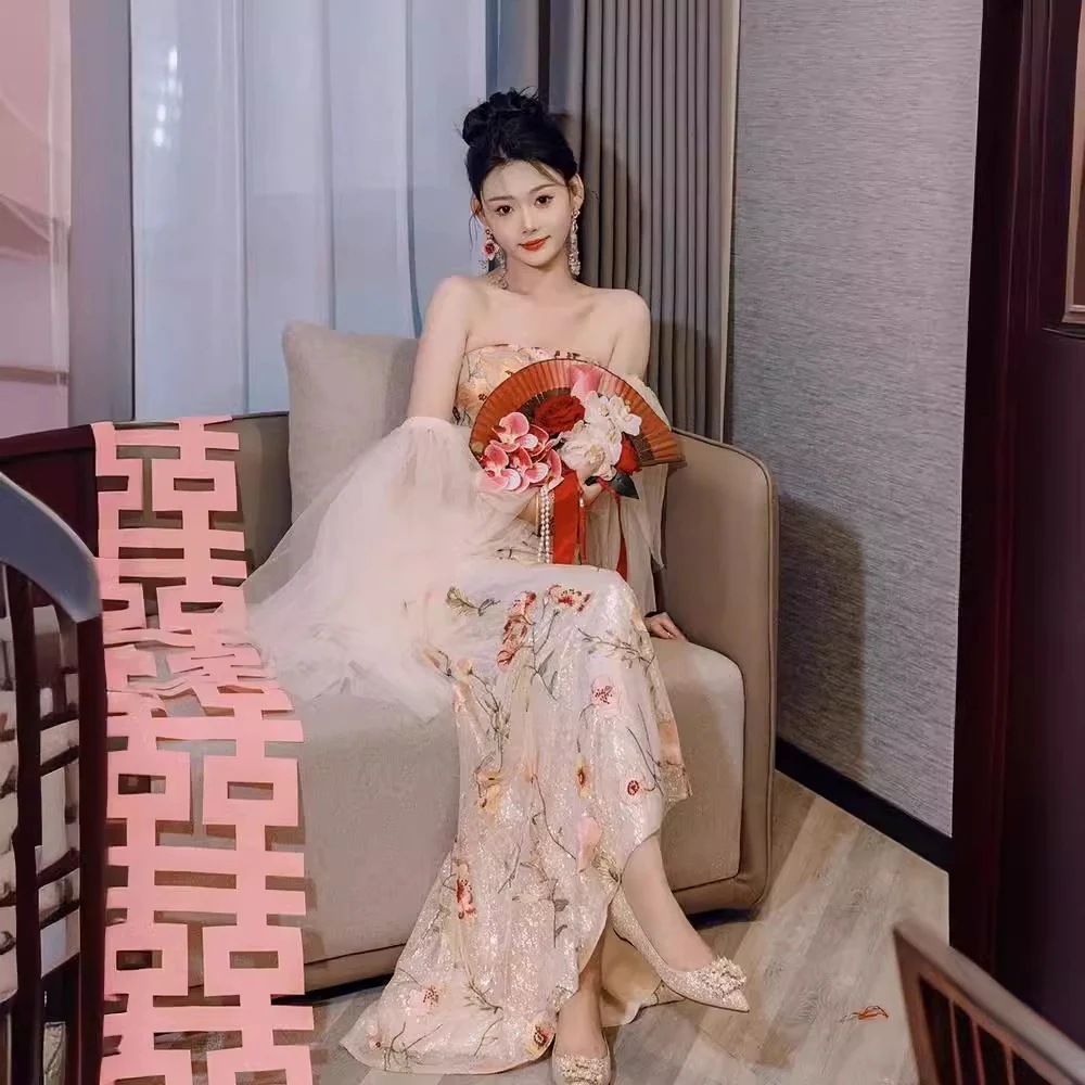 女性ドレッシングガウン女性花嫁ハイエンドテール乾杯スーツ2025婚約パーティーイブニングドレスワンピースドレスその他 ワンピースドレス