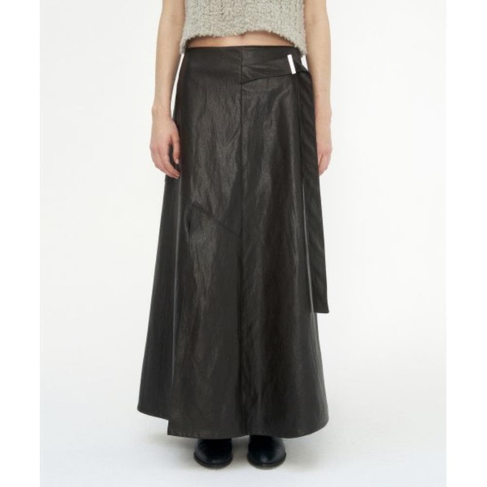 TREEMINGBIRD Belted Leather Long Skirt Deep Brown TMB2