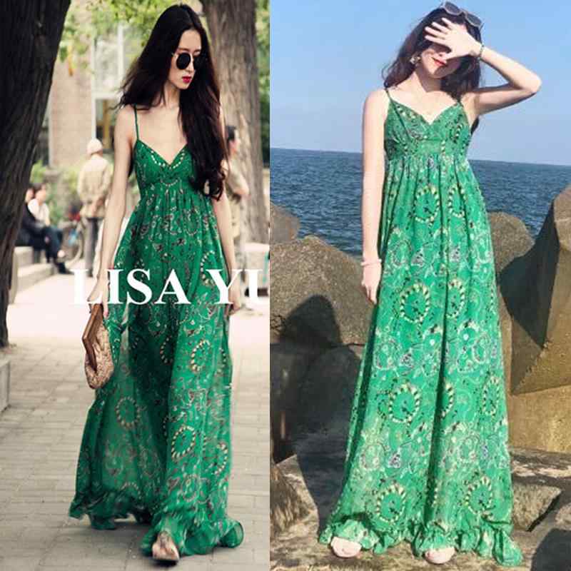 ワンピース レディース 緑 花柄 サスペンダー ドレス 夏 スリム リゾート ビーチ ロング フェアリー ノースリーブ エレガント フレア フローラル 5,069円