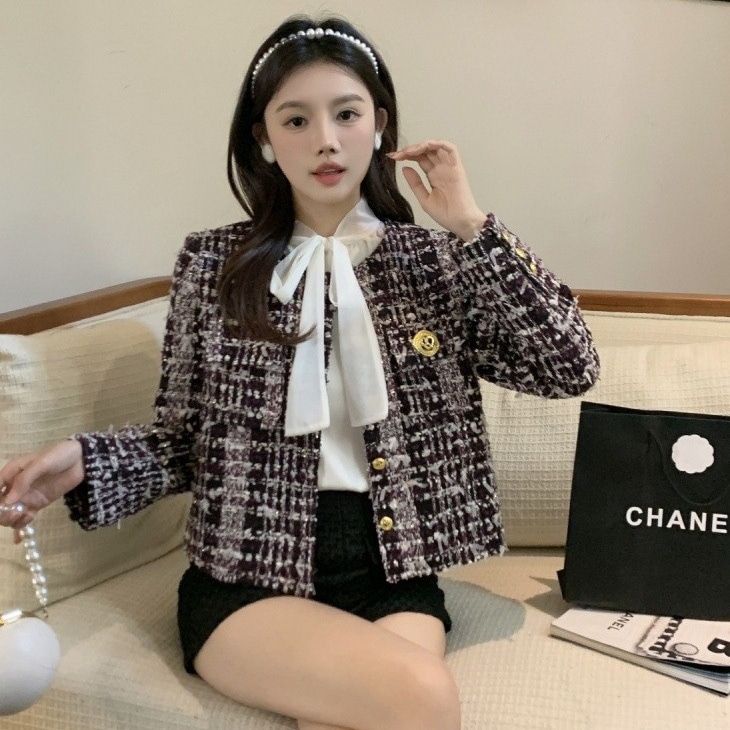 フランスの有名人の格子縞の短いジャケットの女性の秋と冬の丸首の小さな薄い気質小さな香水ツイードジャケット