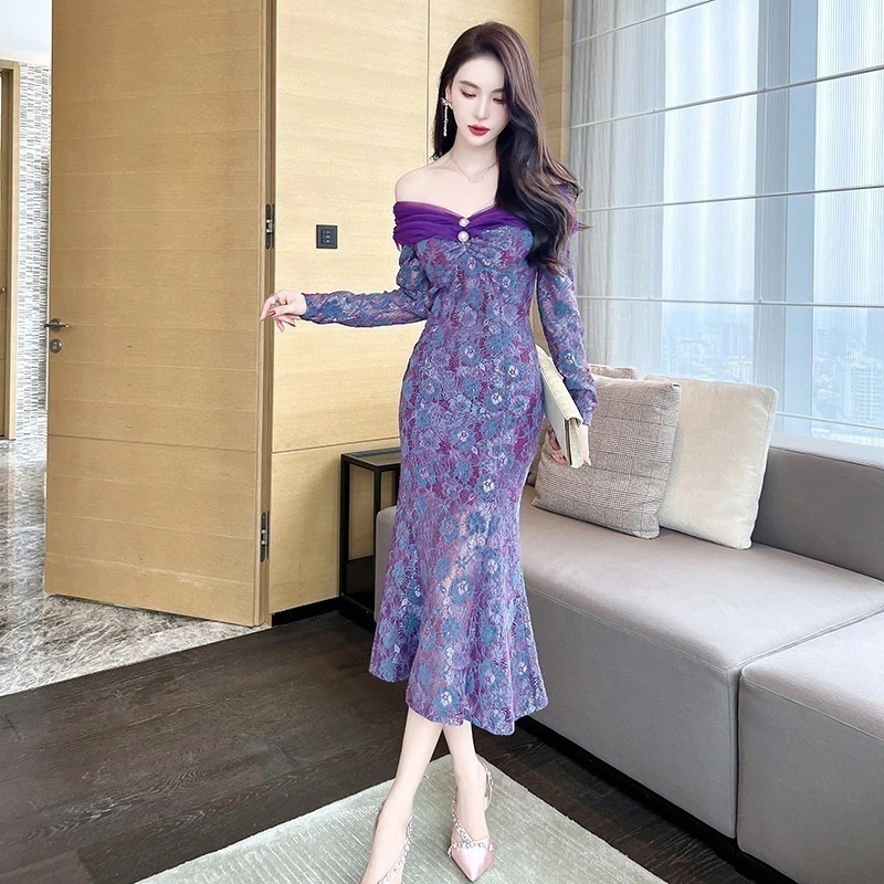 【Fellow 20％割】秋 ベアワンピ オフショルダー レース マーメイド ドッキング パーティードレス 着痩せ 大人 お呼ばれ 同窓会 披露宴 卒業式 結婚式 ウェディング 二次会30%までに制限