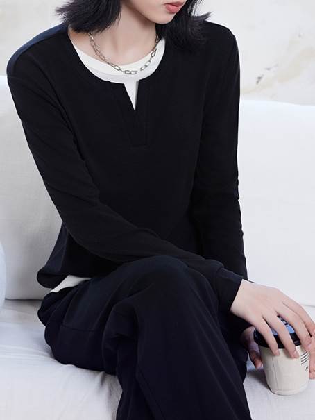 トップス レディース シャツ カットソー プルオーバー ロンT 秋 冬 ミドル丈 普通丈トップス 長袖 二の腕カバー ラウンドネック 襟なし ストレート フェイクレイヤード カラバリあり ブラック 黒