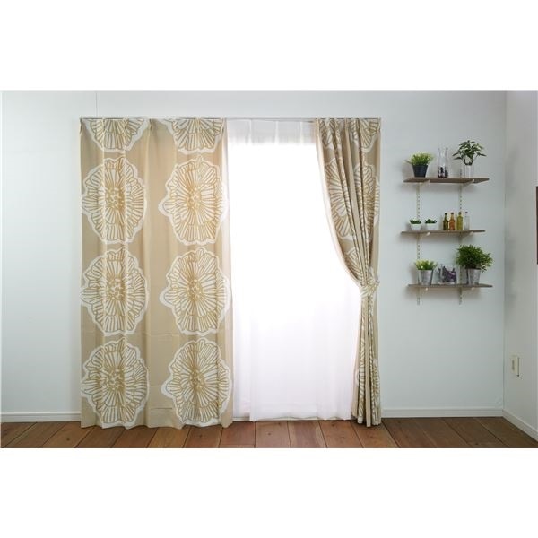 遮光カーテン/花柄カーテン 幅100cm丈135cm ベージュ 1枚入り 遮光2級 タッセル付き 形状記憶加工 ダイリン
