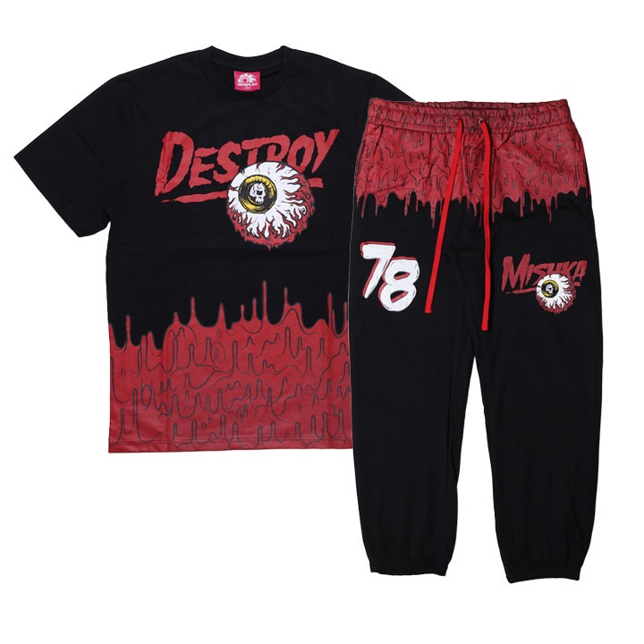 MISHKA 上下セット 半袖 ブランド Tシャツ スウェットパンツ メンズ 春夏用 黒 大きいサイズ ミシカ セットアップ ロングパンツ 総柄 KEEPWATCH