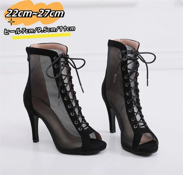 数量限定メッシュブーツ サンダル レディース 厚底サンダル 美脚 通気 おしゃれ 透かし PU カジュアル ブラック 大きいサイズ