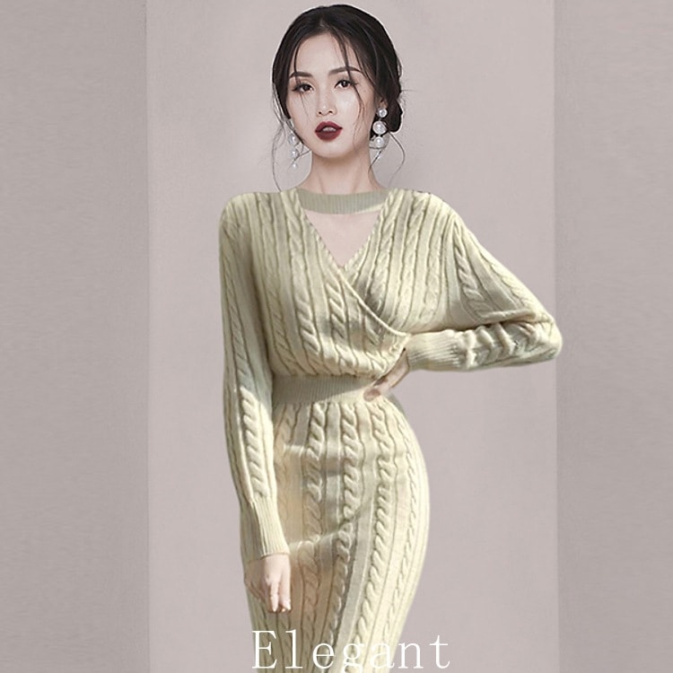 ワンピース セーター ニット タイトスカート ニットスカート 膝丈 ひざ丈 袖あり 長袖 ラウンドネック カシュクール ハイネック スリム タイト ケーブルニット ポリエステル かわいい 大人可愛い 7,091円