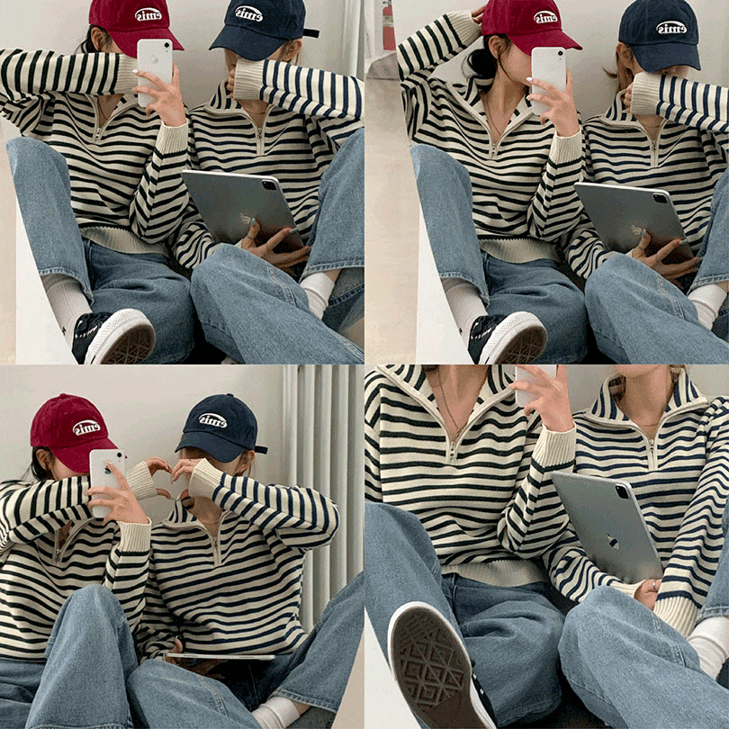 韓国の女性ファッション / 半ジップアップ襟ストライプニット nt1176