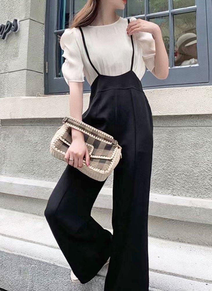 オールインワン サロペット パンツ キャミソール ワイドパンツ ゆったり 大きめ ボトムス カジュアル きれいめ 上品 春 夏 秋 冬 ブラック 黒 レディース 韓国ファッション