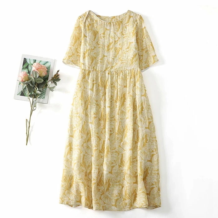 【20点セット】綿麻 ワンピース 夏 ワンピース レディース ロングワンピース ミモレ丈 リゾートワンピース 半袖 マキシワンピ コットンリネン ロングワンピ クールネック ビーチ 夏 ボヘミア風 花