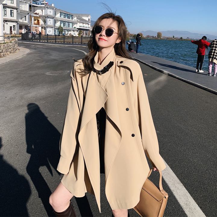 ネックベルト付き トレンチコート レディース スプリングコート ジャケット コート アウター レースアップウエスト ミドル丈