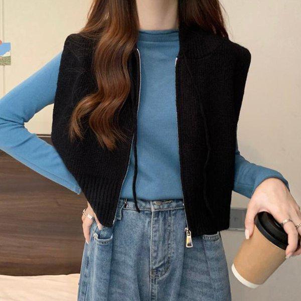 女性カジュアルハッチフード付きジップアップニットベスト DMSW-VEA-SDHHE71-ブラック 4,378円