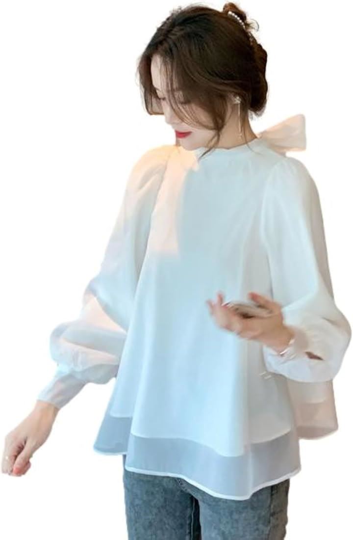 ブルーベリル ブラウス レディース バックリボン シフォン フレア パフスリーブ 長袖 立ち襟 くるみ釦 カフス BB025(ホワイト, XL)