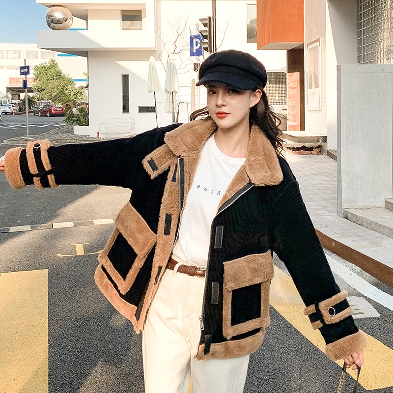 コーデュロイジャケット ボアコート ラムファージャケット ルーズ ワイルド バイカラー 秋冬 韓国 アウター a2082