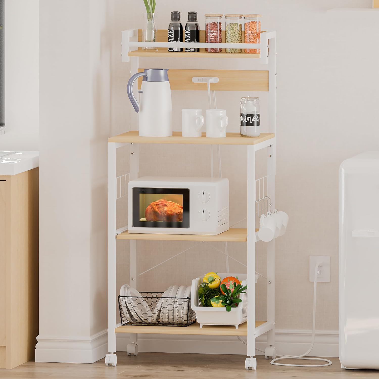 キッチンベイカーラック レンジラック オープンラック プリンター台 幅57×奥行39.2×高さ133cm ナチュラルNA,スモールS 2口コンセント付き 棚板レールでスライド式 総耐荷重100kg S