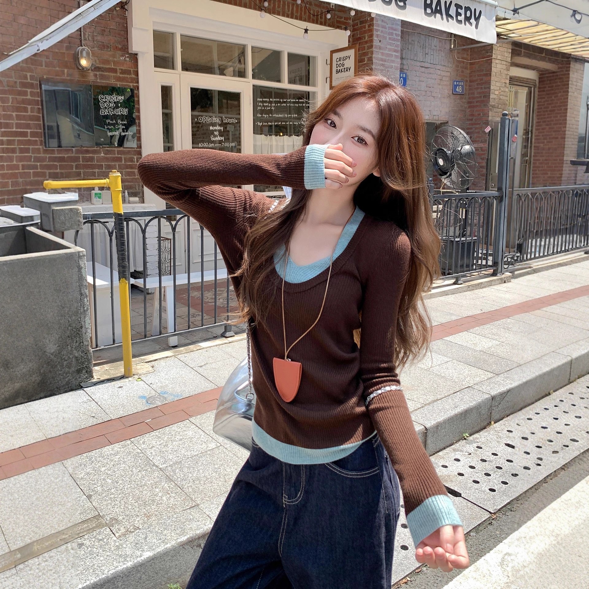 韓国風Vネックフェイクツーピースカラーブロックニットセーターエレガントで洗練されたレディース服秋冬スリムフィットセータートップ