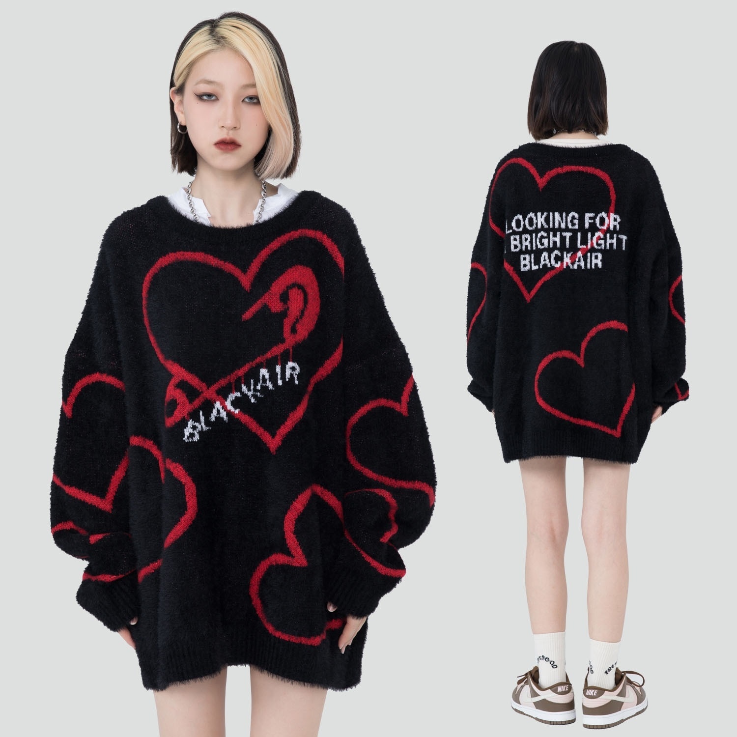 セーター 袖あり 10分袖 ラウンドネック ジュエルネック 襟なし ノーカラー ストレート ワイド バイカラー 配色 ニット モヘア モヘヤ かわいい カジュアル おしゃれ お洒落 かっこいい レトロ