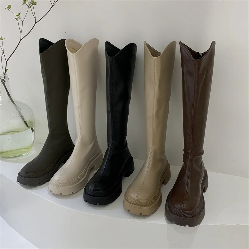 センターラインバックファスナーブーツ シューズ Vカットロングブーツ シンプル ブーツ レディース ローヒール 靴 ロングブーツ