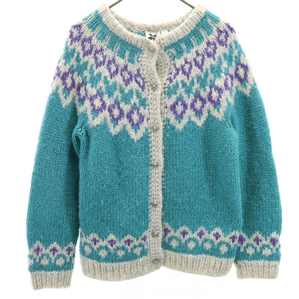 ICELANDIC DESIGN 90s オールド フェアアイル柄 長袖 ニットカーディガン L エメラルドグリーン レディース