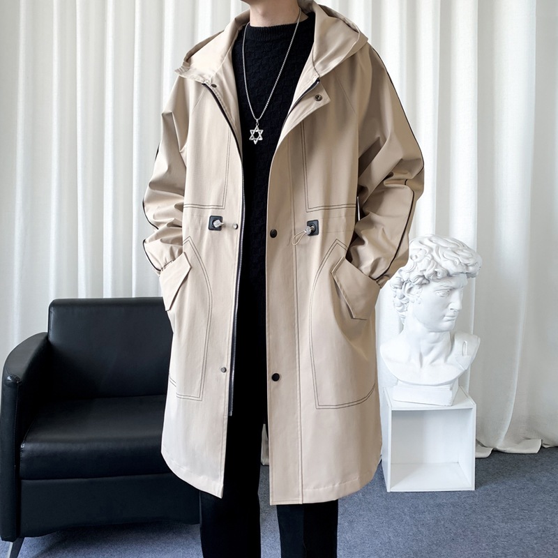 ウィンドブレイカージャケットメンズミッドレングス2024秋と冬のアメリカンレトロハイエンドのカジュアルでファッショナブルなフード付きコート