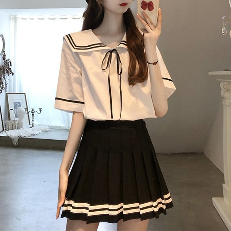 セットアップ 制服風スカートセットアップ レディース 2点セット 上下セット ツーピース 学院風 ブラウス 半袖 リボン セーラーカラー プリーツ ミニスカート 白 黒 ブラック ホワイト オシャレ