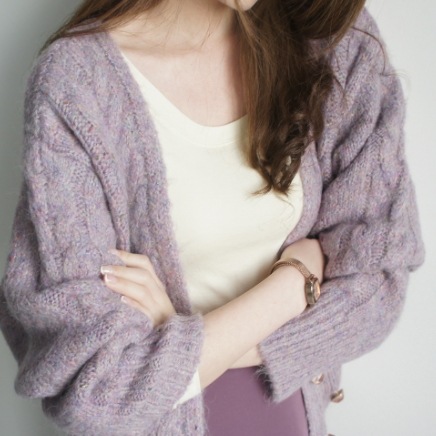 ダブルブレストカーディガン トップス ミディアム丈 袖あり 長袖 Vネック ダブルブレスト ふわふわ