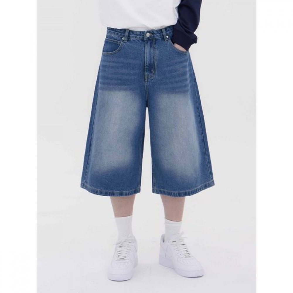 [ジャンマニア] ユニセックスワイドルーズフィットバミューダパート7 ミディアムブルージーンズデニムパンツ