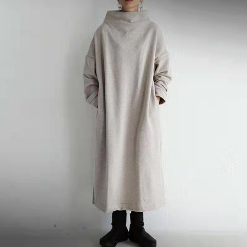 【楽天人気アイテム】 シンプル スリット ストレート ハイネック 長袖 無地 カジュアルワンピース