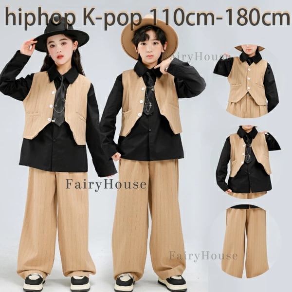 夏期限定キッズ ダンス衣装 子供スーツ 男女兼用 演出服 hiphop 舞台 団体服 練習着 原宿系 韓国 子供服 ダンス服 女の子 男の子 スーツベスト 黒シャツ ズボン ネクタイ 上下セット 韓