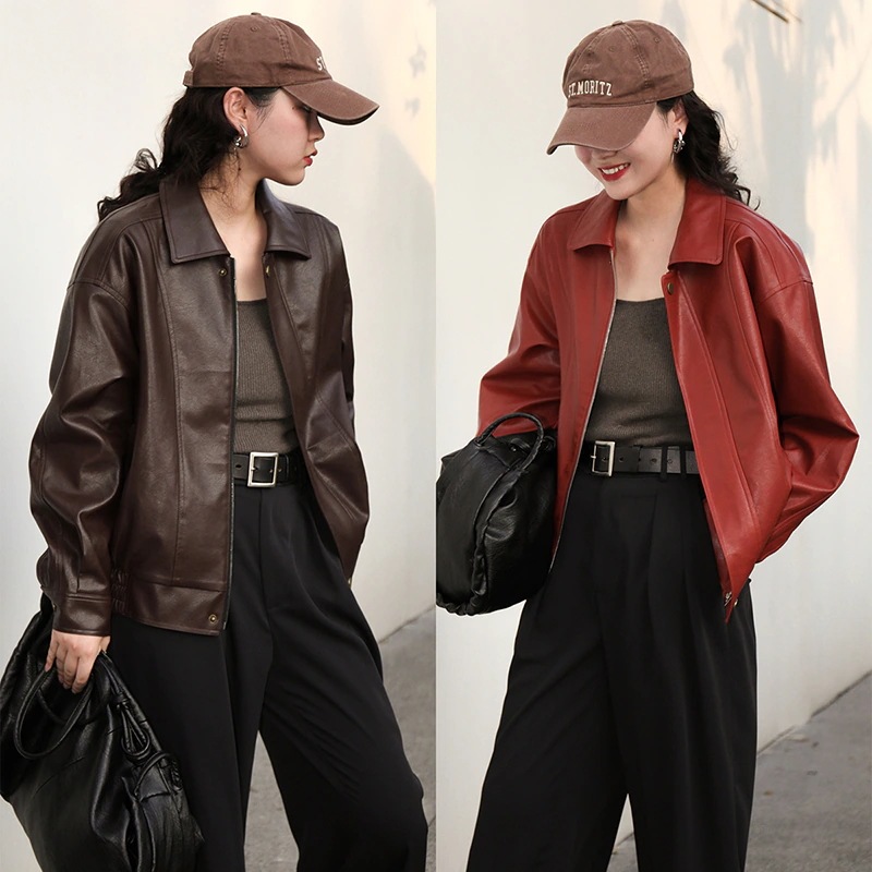 ライダースジャケット レディース フェイクレザージャケット ショート丈 レトロ ジャケット 秋 低身長 パンク系ファッション Sustainable
