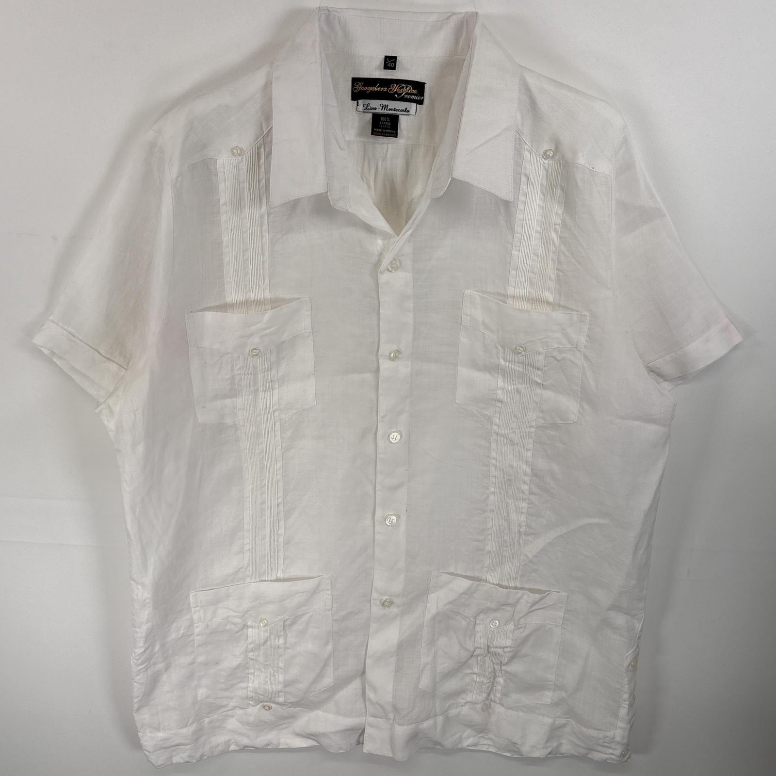 古着 GUAYABERA 半袖シャツ キューバシャツ リネンシャツ 4つポケ L ホワイト 無地 メンズ